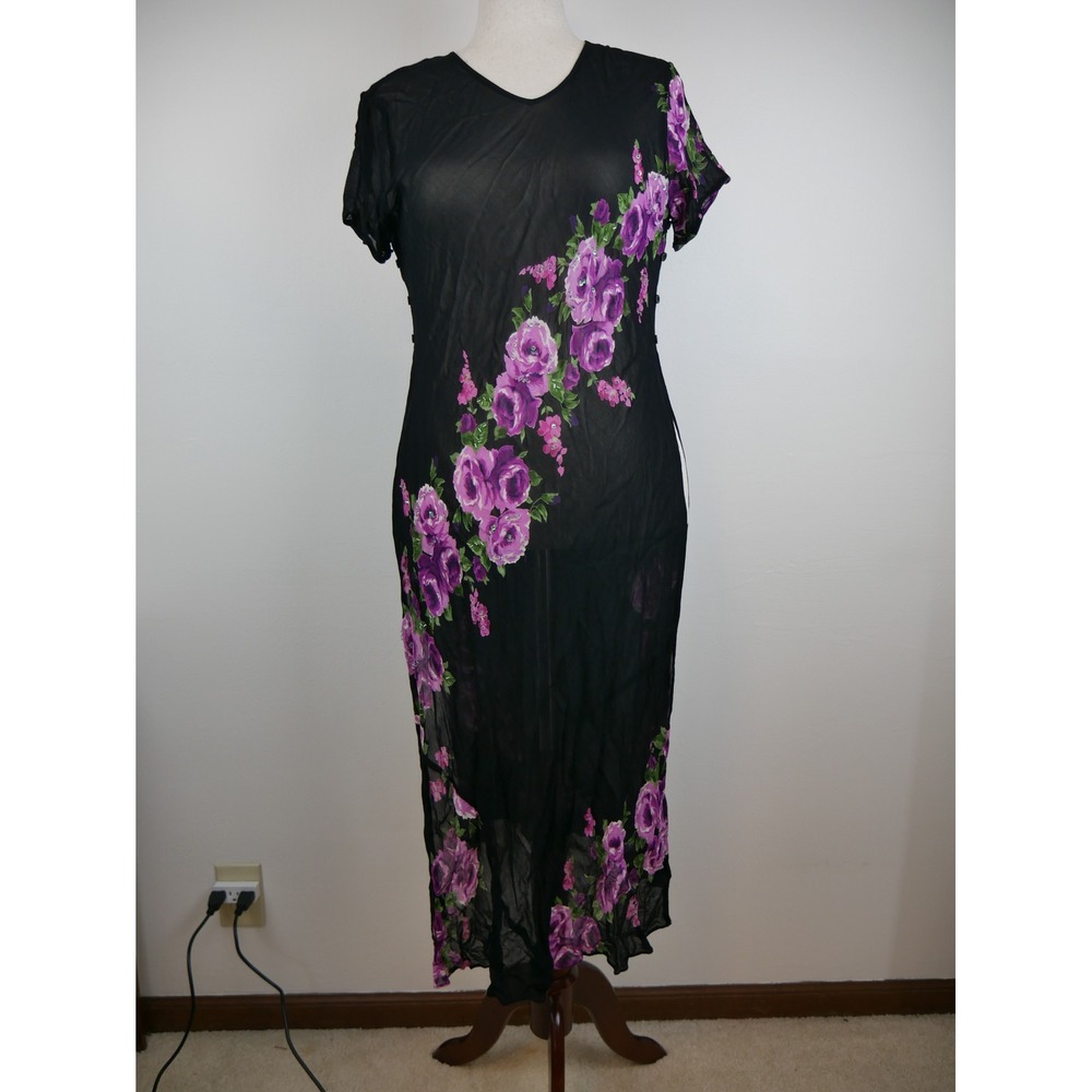Sheer Black Purple Floral Beaded Sequin Maxi Dress High Slit Side Button